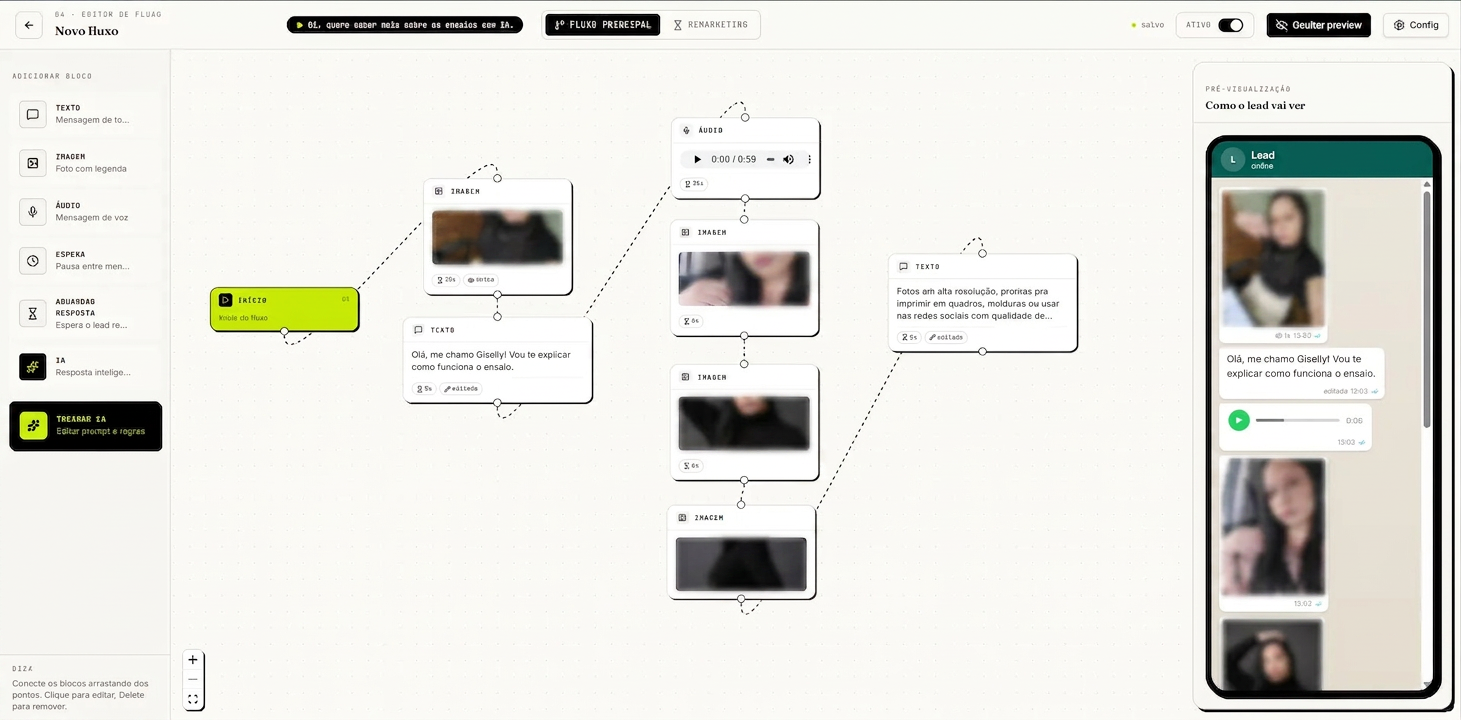 Editor de fluxo com pré-visualização do WhatsApp